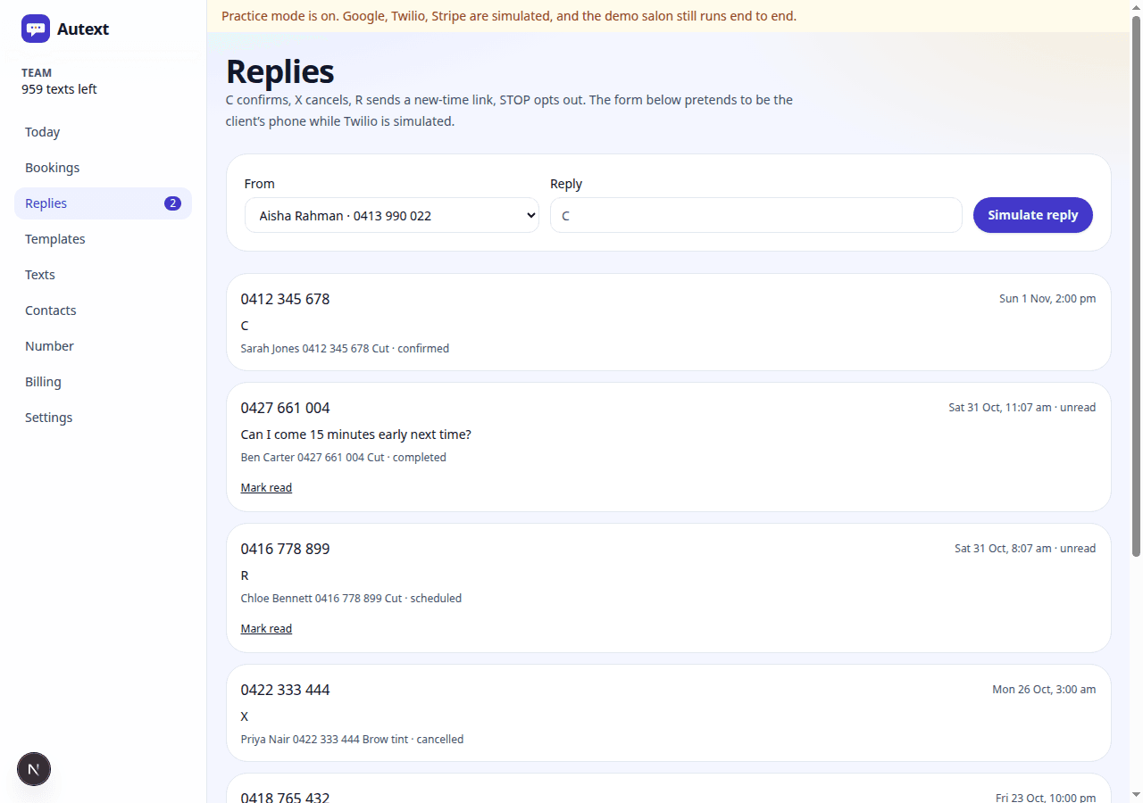 Reply inbox showing a client text