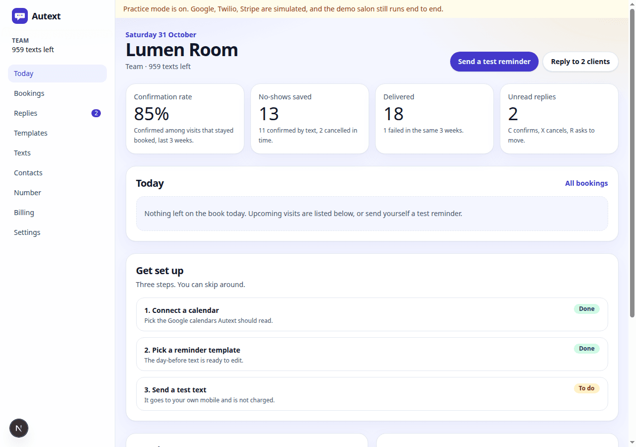 Autext Today screen with confirmation rate and the setup checklist